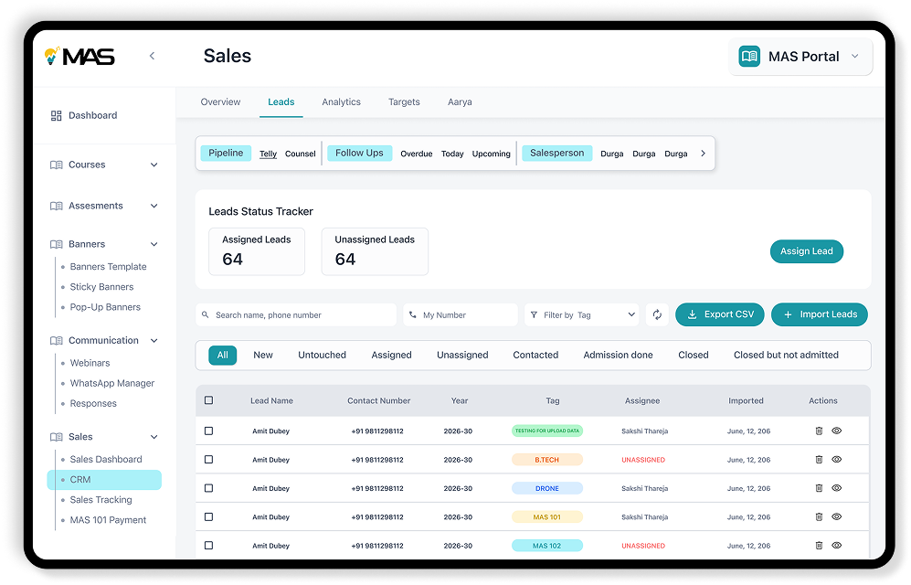 The New MAS CRM Dashboard - Lead Assign Interface Showcase